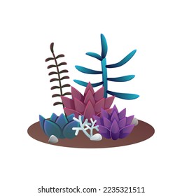 Composition of succulents growing in ground of pot. Vector illustration of tropical house plants for interior decor. Cartoon cacti for indoor home garden isolated on white. Terrarium, nature concept