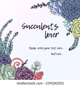 Composition of succulents. Vector illustration. Multicolored flowers, cactus and succulents on a white background. Bouquet of twigs and leaves on a square background with a gradient