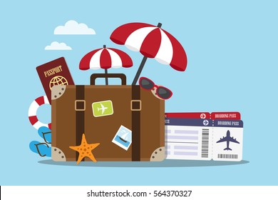 Composition with a suitcase and accesory travel. Holidays on the beach concept. Vector illustration.