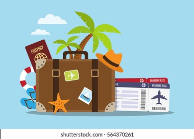 Composition with a suitcase and accessories travel. Holidays on the beach concept. Vector illustration.