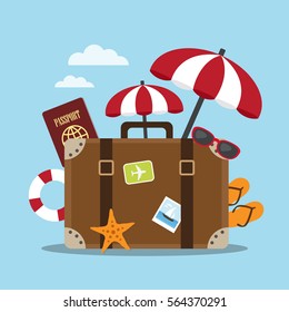 Composition with a suitcase and accessories travel. Holidays on the beach concept. Vector illustration.