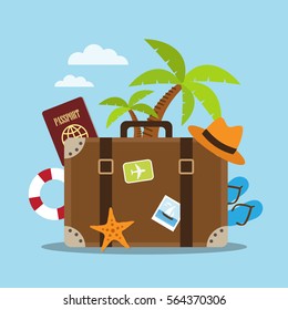 Composition with a suitcase and accessories travel. Holidays on the beach concept. Vector illustration.