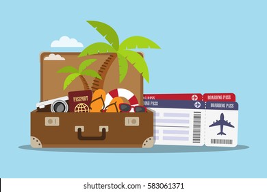 Composition with a suitcase and accessories travel. Holidays on the beach concept. Vector illustration.