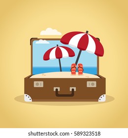 Composition with a suitcase and accessories travel. Holidays on the beach concept. Vector illustration.