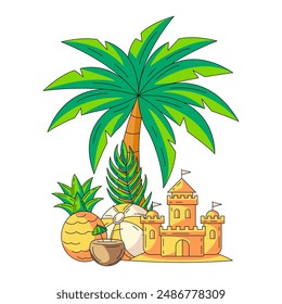 Composition with summer beach elements and accessories under the palm tree. Inflatable ball, sand castle, coconut cocktail, pineapple. Flat vector illustration for sticker, scrapbook, social media.