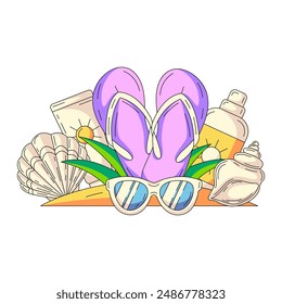 Composition with summer beach elements in sand. Flip flops, sunscreen, sunglasses, seashell. Flat vector illustration for sticker, scrapbook, social media. Holiday and vacation, travel concept