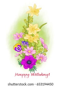 Composition with summer flowers: poppy, daffodil, anemone, viole