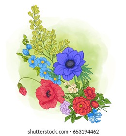 Composition with summer flowers: poppy, daffodil, anemone, viole