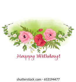 Composition with summer flowers: poppy, daffodil, anemone, viole