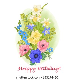 Composition with summer flowers: poppy, daffodil, anemone, viole
