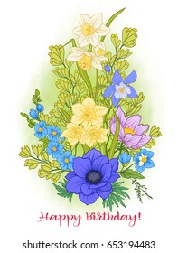 Composition with summer flowers: poppy, daffodil, anemone, viole