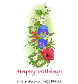 Composition with summer flowers: poppy, daffodil, anemone, viole