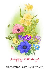 Composition with summer flowers: poppy, daffodil, anemone, viole