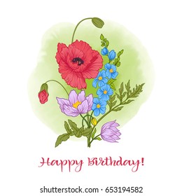 Composition with summer flowers: poppy, daffodil, anemone, viole