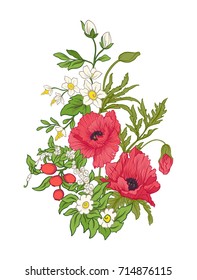 Composition with summer flowers: poppy, daffodil, anemone, viole