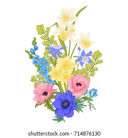 Composition with summer flowers: poppy, daffodil, anemone, viole