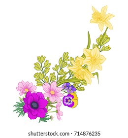 Composition with summer flowers: poppy, daffodil, anemone, viole