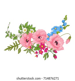 Composition with summer flowers: poppy, daffodil, anemone, viole