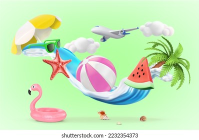 Composición de las cosas de verano con una ola. Ilustración del vector