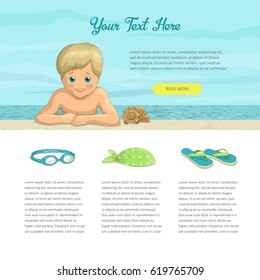 A composition of summer vacation on beach boy on background of sea with seashell. Travel and tourism. Concept web site template or banner. Vector illustration.