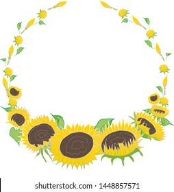 The composition of summer yellow flowers and leaves - sunflower in the form of a circle. The collection is drawn by hand for flora design, frames, cards, textiles, printing and more. 

