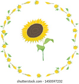 The composition of summer yellow flowers and leaves - sunflower in the form of a circle. The collection is drawn by hand for flora design, frames, cards, textiles, printing and more. 