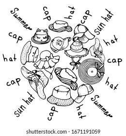 The composition of the sun from hats, panamok and caps in a doodle style.