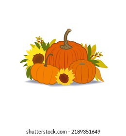 Composition with sunflowers, pumpkin and autumn leaves. Isolated on a white background