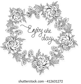  composition Sunny summer, spring, monochrome linear background with floral print in a circle peonies and carnations