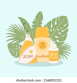 Composition sunscreens with SPF. Sun protection products and tropical leaves on blue background. Concept protection uv radiation. Summer cosmetic. Illustration skin care,cream, spray, tube. Vector.