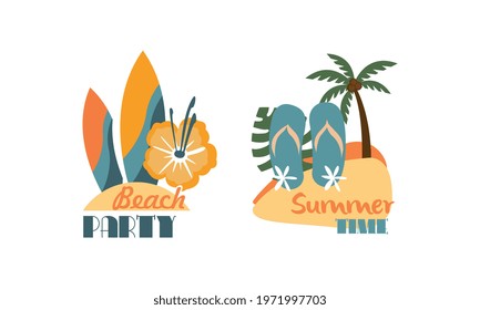 Composition with Surfboard and Flip Flops as Beach Holiday and Summer Vacation at Sea Shore Vector Set