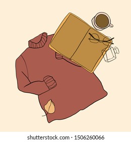 composition sweater, open book, glasses and a cup of coffee, dry fallen leaves