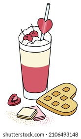 Composition with sweet dessert cherry and cream cocktail mocktail, hear shaped waffle, white and pink chocolate and strawberry. Cute romantic Valentines day Doodle cartoon vector illustration