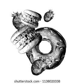 composition of sweets donut covered with chocolate with confectionery sprinkling pasta and strawberries, sketch vector graphics monochrome illustration on a white background