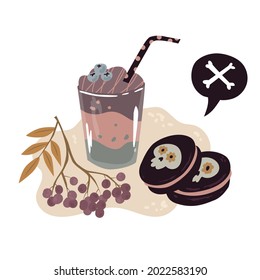 Composition with Sweets and fall plants for Halloween party. Cup of coffee and macaroons decorated with Mexican skull. Isolated on white background, Vector illustration. Flat style. Holiday, bone.