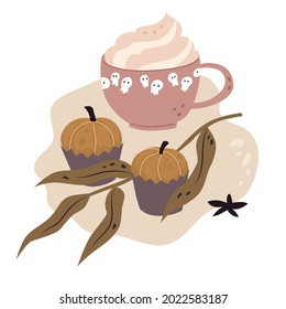 Composition with Sweets for Halloween party. Cup of coffee and pumpkin cakes, autumn leaves, leaf, cream. Isolated on white background, Vector illustration. Flat style. Holiday decoration, scull.
