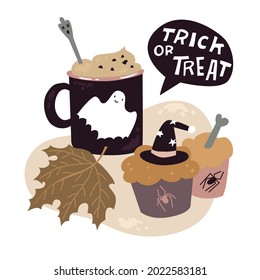 Composition with Sweets for Halloween party. Mug with coffee autumn leaves, leaf, cake decorated with witch hat and bone. Isolated on white background, Vector illustration. Flat style. Trick or treat.