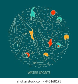 Composition with swimmers, water polo players, divers, synchro-swimmers in the circle.  Water sport vector illustration. EPS 10 isolated.