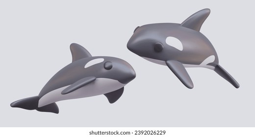 Composición con ballenas asesinas en natación sobre fondo gris en diferentes posiciones. Animales realistas en colores blanco y negro. Ilustración vectorial en estilo 3d