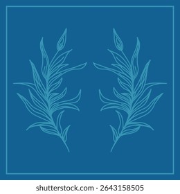 The composition is symmetrical with a frame and two stylized plant elements resembling branches with leaves, executed in light blue on a dark blue background.