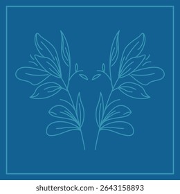 A composição é simétrica com um quadro e dois elementos de planta estilizados que lembram ramos com folhas, executados em azul claro em um fundo azul escuro.

