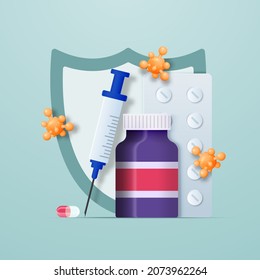 Composition of a syringe, tablets, syringe and viruses. Protection and vaccination concept. Vector 3D illustration.