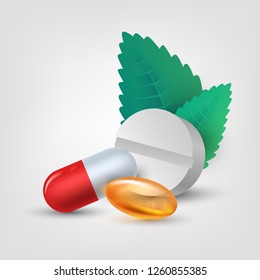 Composition with tablets, drugs, capsules, fish oil, vitamins and mint leaves on a white background, pharmacy