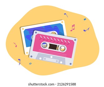 Composition with tape music cassettes and notes. Flat illustration - retro audio cassettes. Vector illustration - eps10.