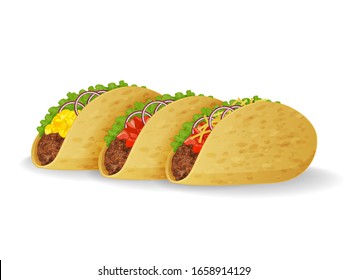 Komposition aus leckeren Tacos-Symbolen auf weißem Hintergrund. Realistischer Stil. Vektorillustration. Einzeln auf Weiß. Objekt für Verpackung, Werbung, Menü.