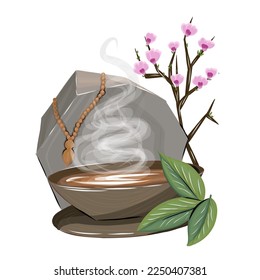 Composición con flores de té y cerezo. Tema oriental. Beber té.