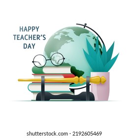 Composition for teacher's day. Globe, teacher's pointer, books and glasses isolated on white background.