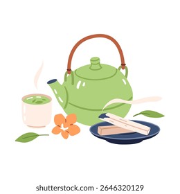 Composition of teapot, cup and incense. Hand drawn vector illustration for wellness branding, aromatherapy packaging and spa menu design.