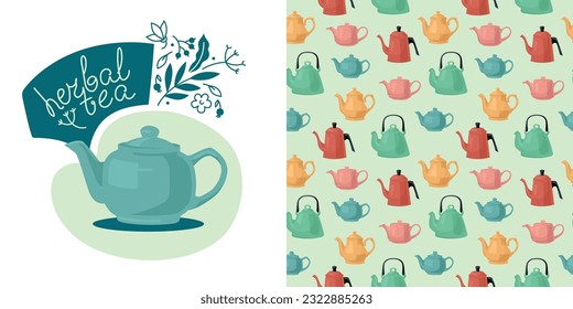 Composition from a teapot, itraves and an inscription. Pattern of colored teapots. Vector image.
