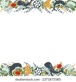A composition template of marine inhabitants and plants, ideal for postcards, prints, invitations, birthday greeting cards. Seamless border. Vector illustration.